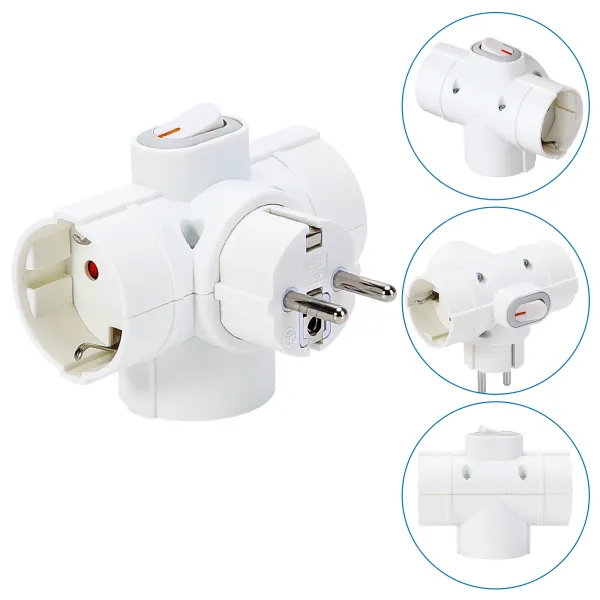 Adaptador alemán de 3 vías con interruptor, 16 A, blanco