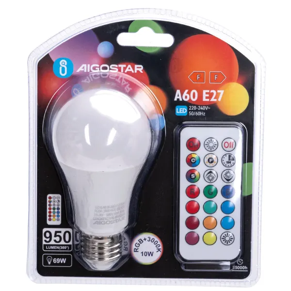 Bombilla LED A60-E27-10W-RGB+3000K-950lm