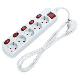 Regleta alemana de 5 tomas, enchufe 16 A, con interruptor general y interruptores individuales, 1,5 m, cable 3G1,0 mm², color blanco Regleta alemana de 5 tomas, enchufe 16 A, con interruptor general y interruptores individuales, 1,5 m, cable 3G1,0 mm², color blanco